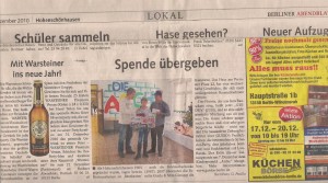 Berliner Abendblatt mit einem Bericht über die Spendenübergabe an die Arche